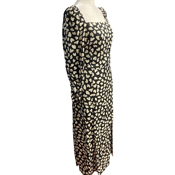 Ann Taylor Long Ruched Sleeve Dress Size 6 Black with Ivory Hearts Square Neck - Picture 1 of 10